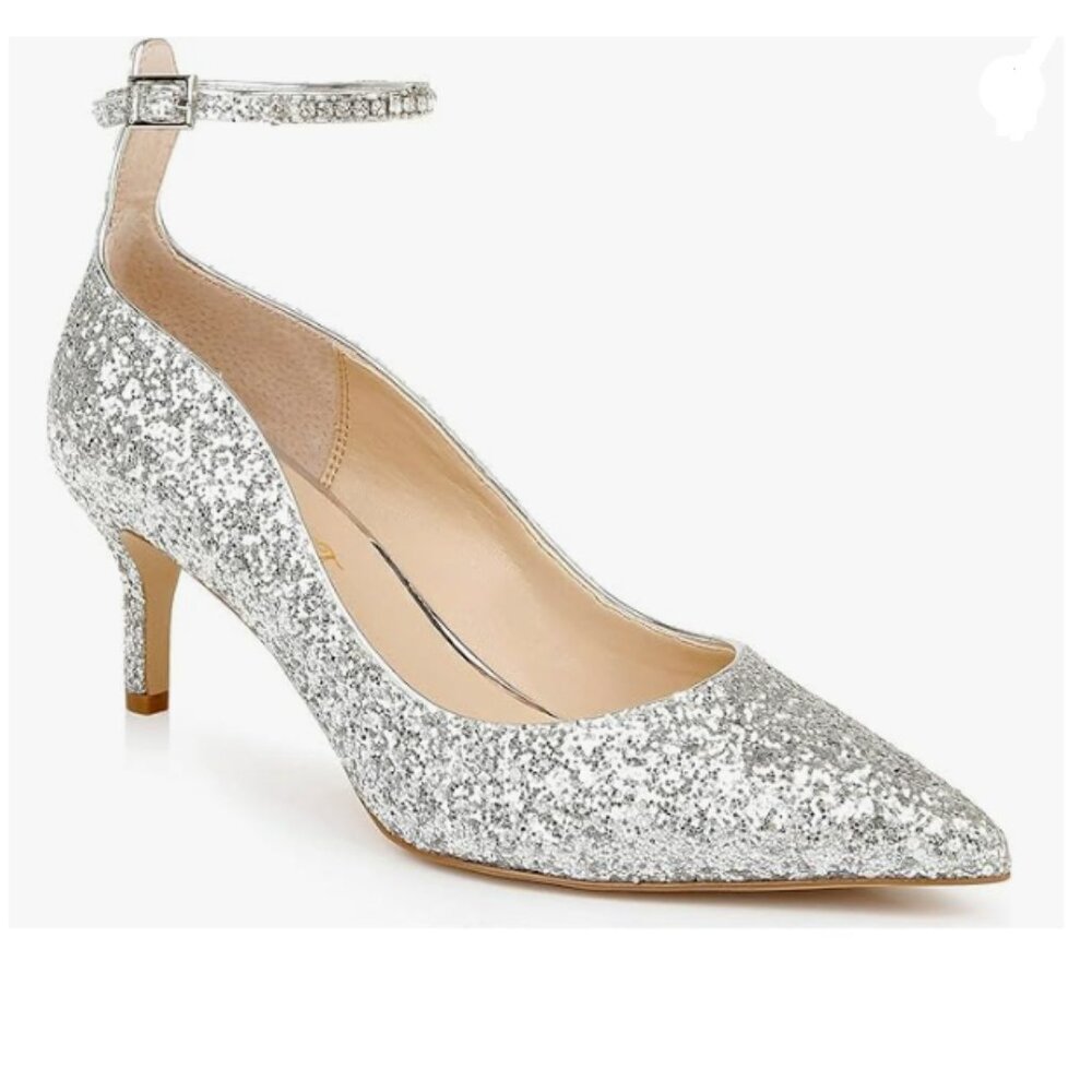 FOWT Sliver Crystal Buckle Ankle Strap Glittering Kitten Heel Silver Pumps